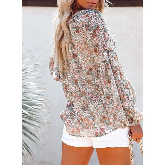 Women's Casual Boho Floral Print V Neck Long Sleeve Loose Blouses Shirts Tops - Picture 2 of 6